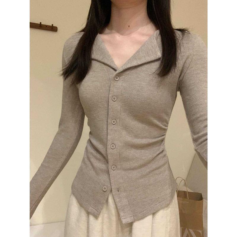Single-breasted brushed bottom shirt women's autumn and winter slim waist long sleeves inner top lapel versatile knitwear