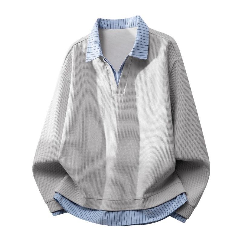 Men's Waffle Knit Fake Two-Piece Casual Fashion  Polo Sweatshirt
