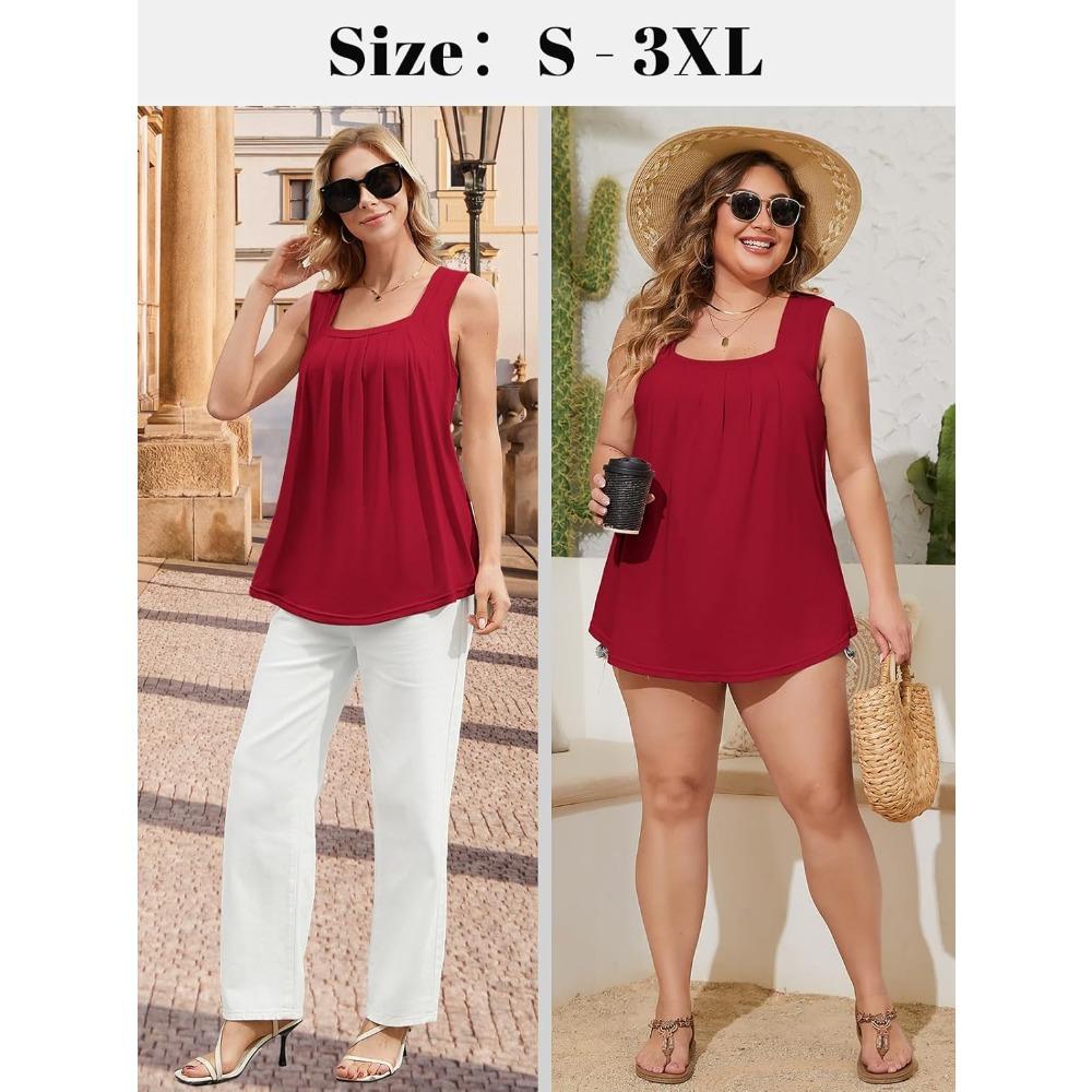 CHARMLEAKS Tank Top Built In Bras for Women Summer Pleated Square Neck Tops Flowy Sleeveless Shirts