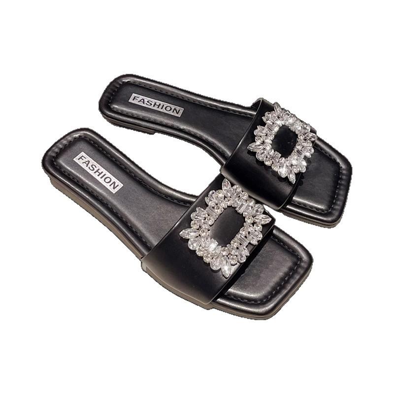 Square head flat bottom slippers women's summer new rhinestone square buckle one word cool slippers women's rhinestone