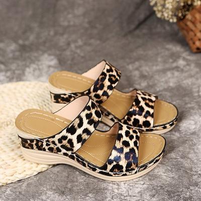 New Summer Slippers Leopard Print Thick Bottom Sandals Casual Round Head Women's Slope Heel Slippers