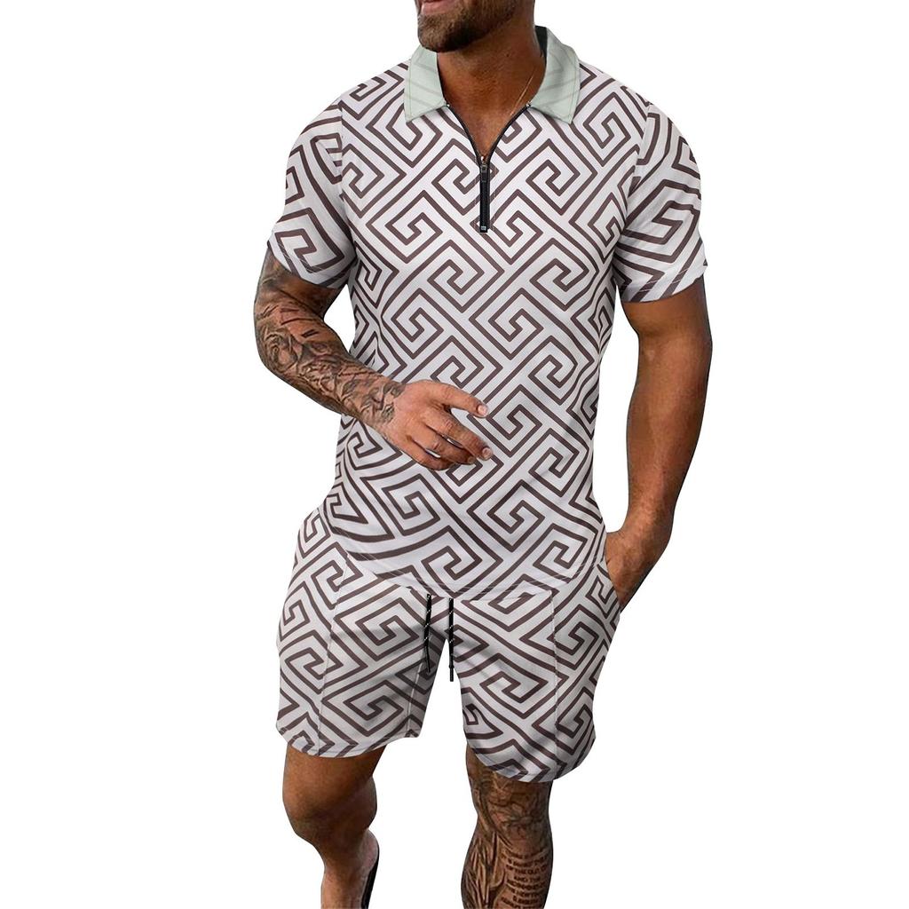 Men's Summer Printed Zipper Lapel Short Sleeve Top Shorts Suit Men's Casual Sports Suit
