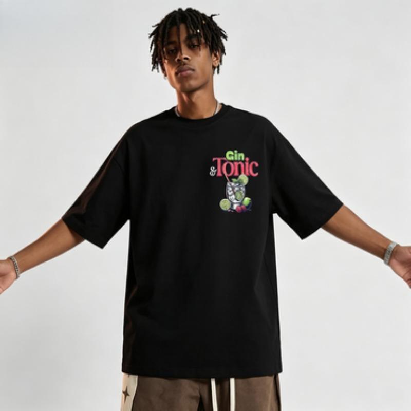 Unisexs Soft Cotton Crew Neck Short Sleeve Tshirt Gin Tonic Lime Fruit Cocktail Print Vintage Loose Fit Casual Daily Male Tee