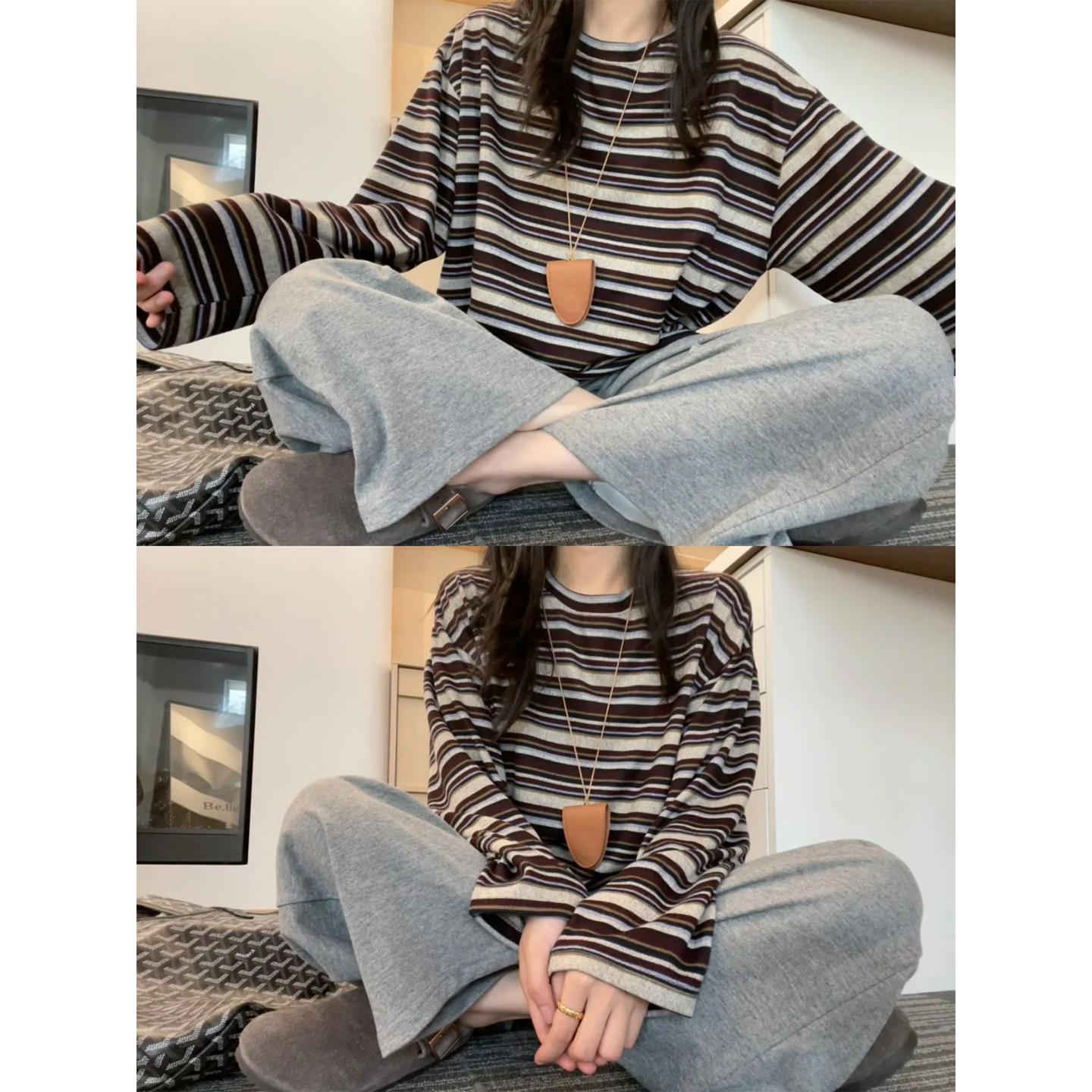 Корейская ретро полосатая футболка с длинным рукавом, женский топ, стройнящий, свободный крой, новинка осени Medium