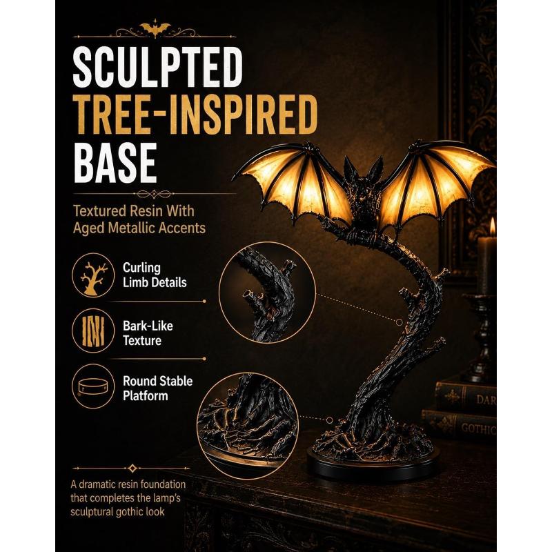 Halloween Glowing Bat Desk Lamp, Resin Bat Statue Night Light with Glowing Wings, Gothic Spooky Tabletop Decor Lamp, Vintage Accent Desk Light