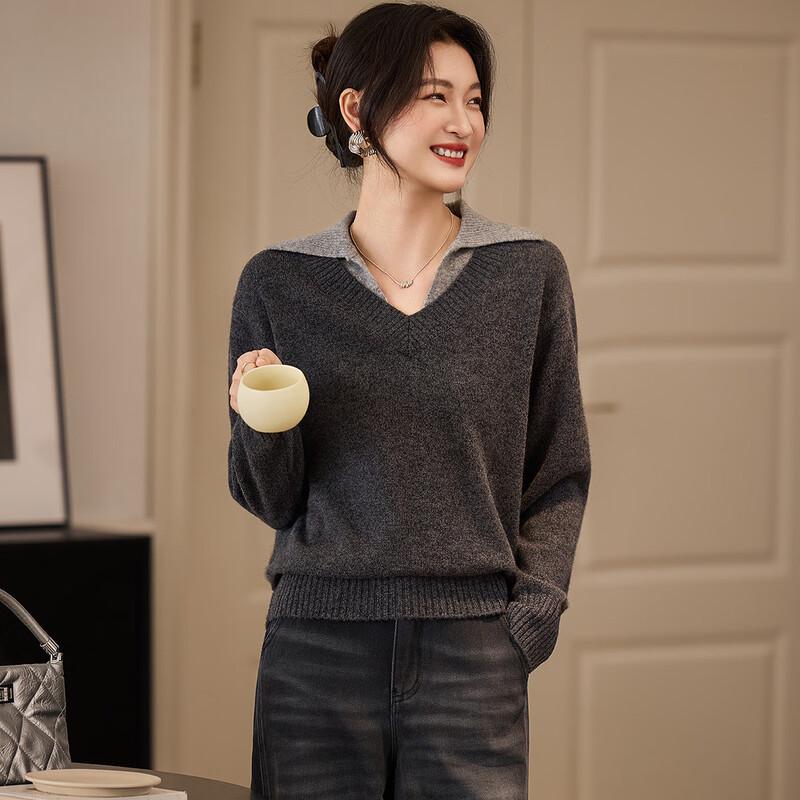 Srcr Women's 100% Merino Wool Faux Two-Piece Lapel Sweater