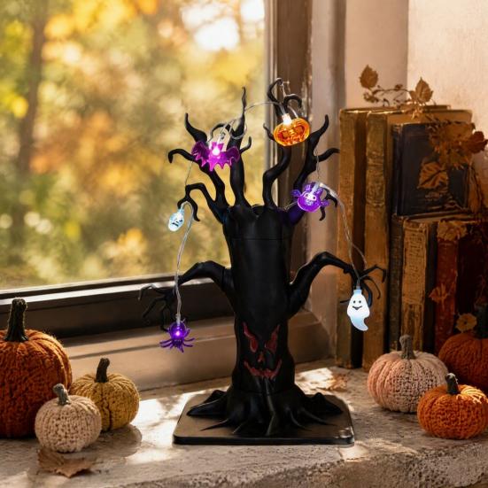 Entryway And Showcase Displays Halloween Lighted Ghost Tree Centerpiece with LED Lights, Pumpkin Bat Small Battery Operated Spider Light String,