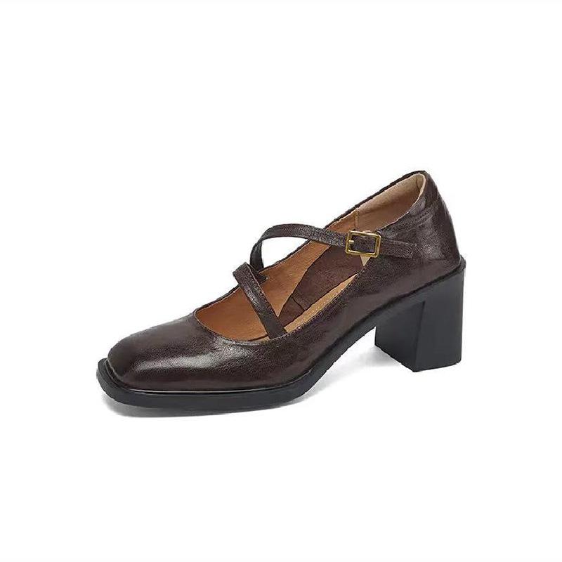 

[Spot] French square head high-heeled Mary Jane shoes women s 2025 spring and autumn new thick heel light mouth commuter shoes 40