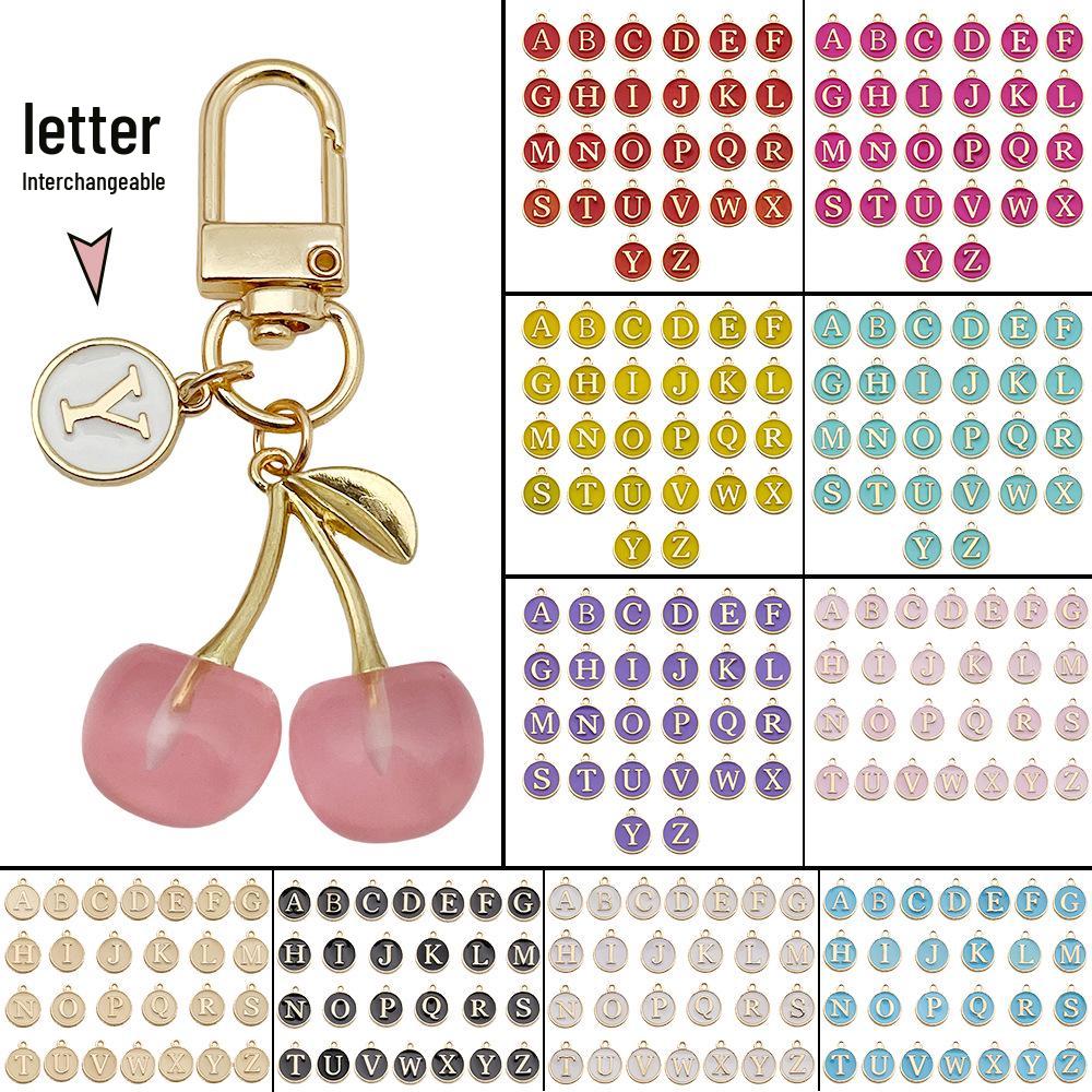 Pink Cherry Drip Oil Keychain with 3D Letter A and Leaf Pendant for Backpacks