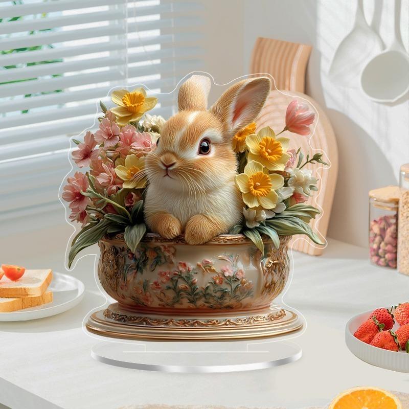 2D Flat Acrylic Bohemian Easter Bunny Tabletop Decoration, with Vase Decoration, Suitable for wall decoration, porch, room, villa, accents Home, Hallw