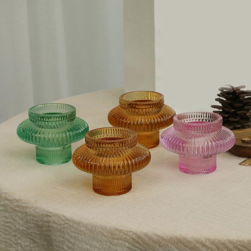 Set of 6 Double Use Striped Glass Candlestick Flower Vases for Elegant Decoration Glass Candlestick Holder Homes Accent