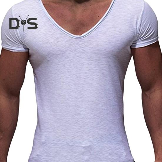 Men Summer T-shirt Short Sleeves V Neck Solid Color Soft Slim Fit Breathable Mid Length Elastic Casual Pullover Men Sport Top