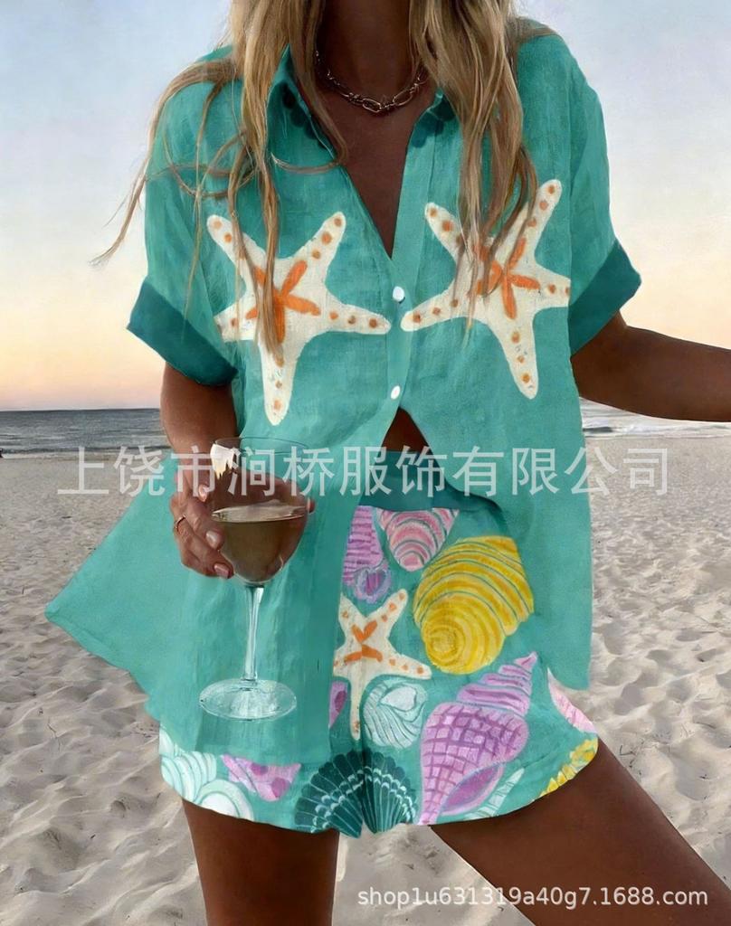 Hot Sale Casual Holiday Shirt Set Beach 1D Printed Shirt Shorts Women's Suit Customized-Made