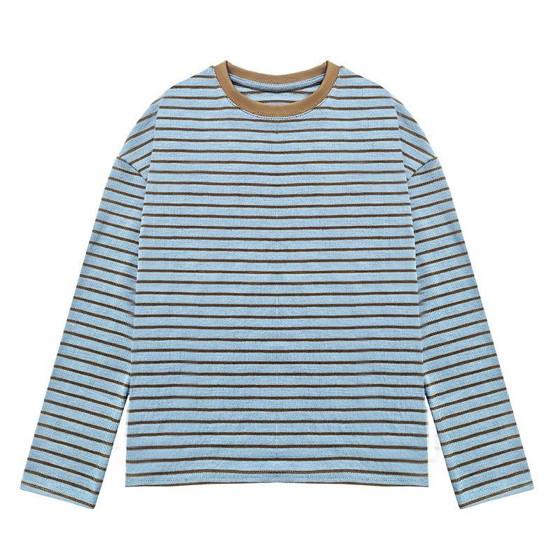 Contrasting Striped Long-sleeved Shirt Women's Autumn Lazy Loose and Thin Top Knitted Crew Neck Bottoming Shirt