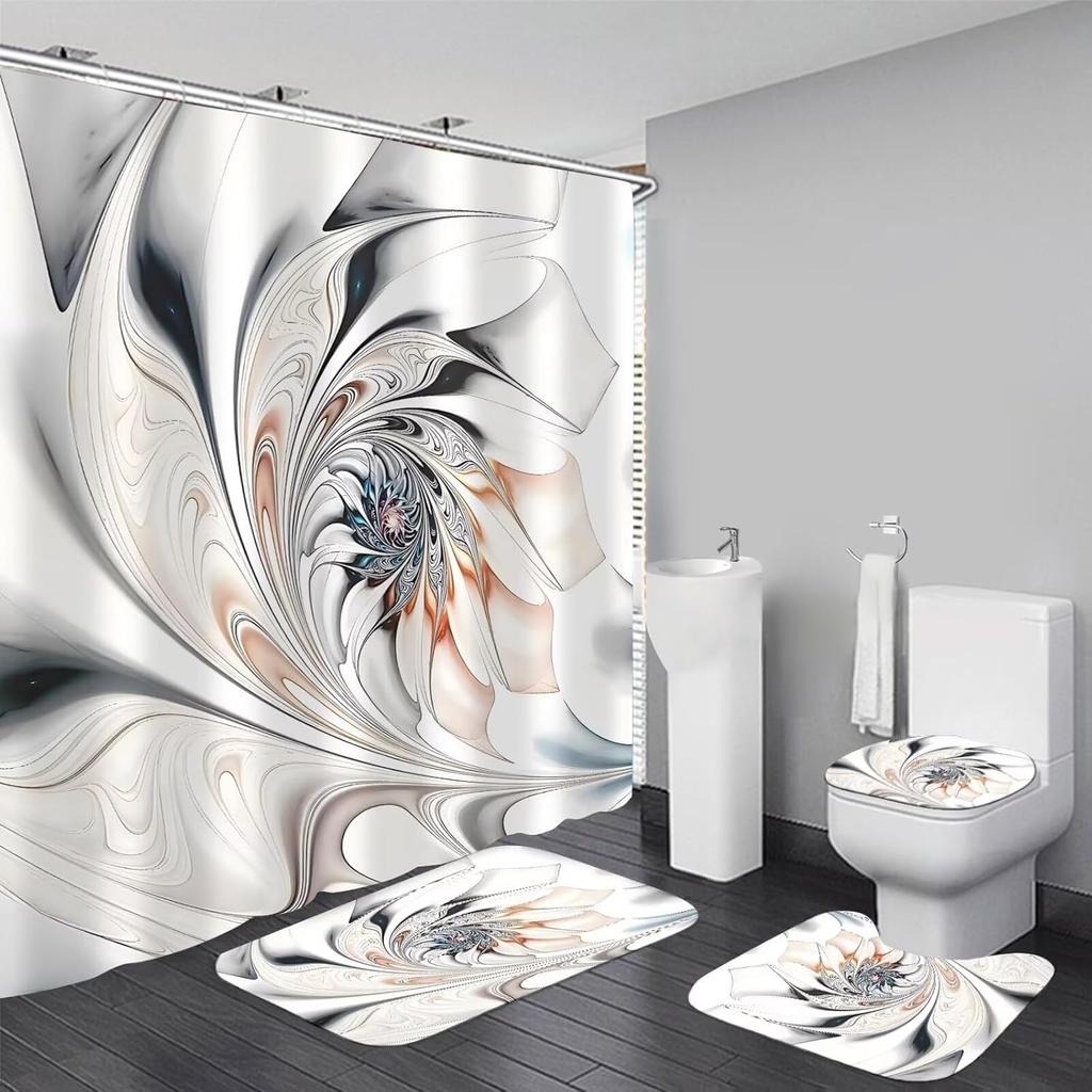 4Pcs Bathroom Shower Curtain Set Lotus  Bathroom Curtain With 12 Hooks Non Slip Rugs Toilet Cover Mat Bathroom Partition