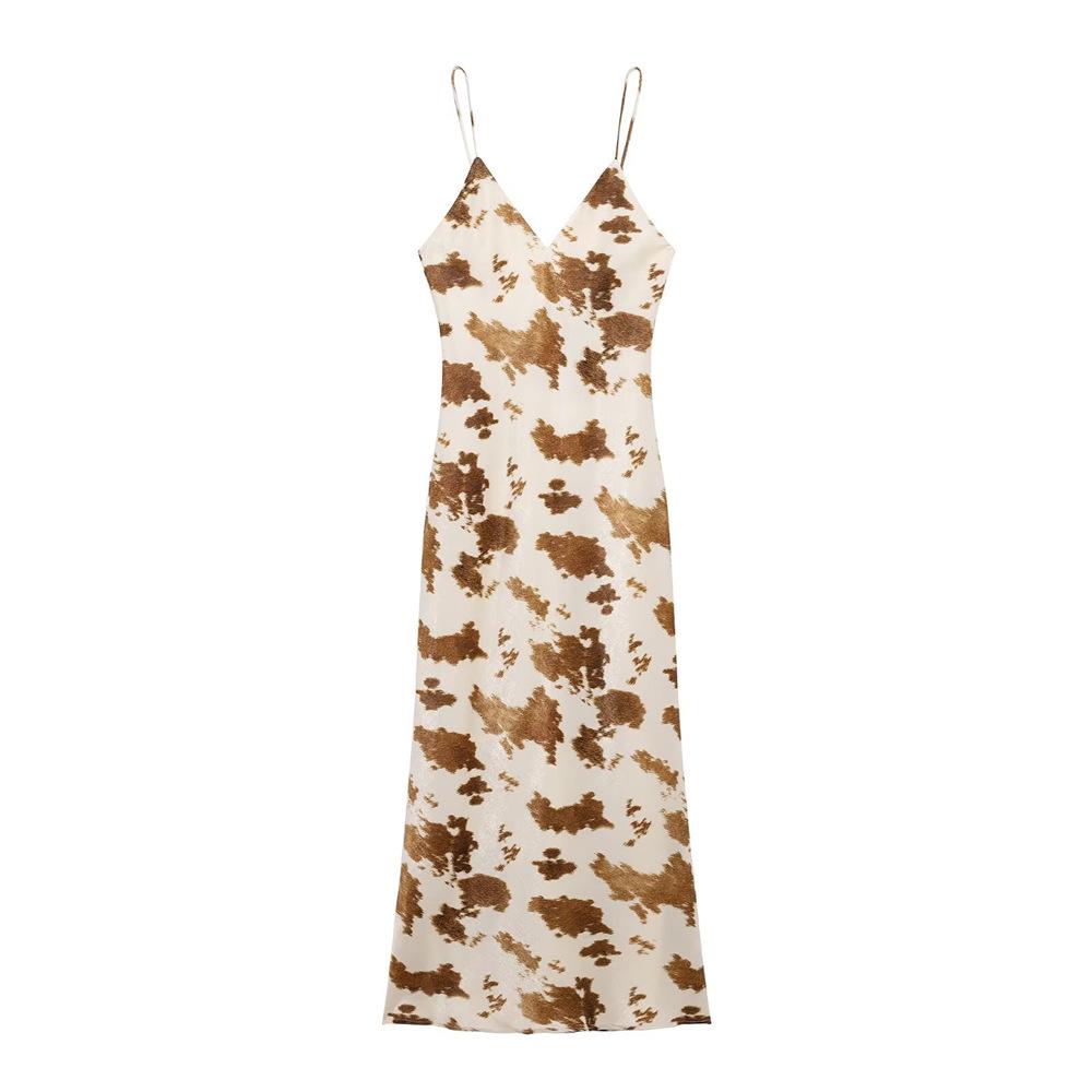 

2025 Spring Silk Satin V-Neck Print Camisole Dress for Women S