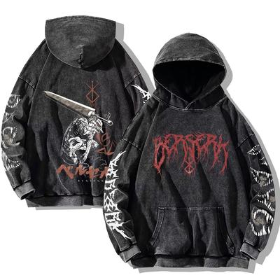 Berserk Anime Hanorace vintage cu glugă spălate cu acid Pulover din bumbac la modă, bărbați, femei, hanorace hip hop, haine supradimensionate