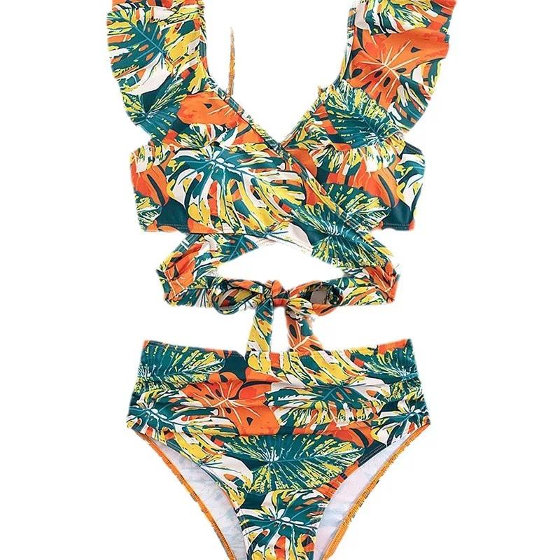2025 European and American New Split Swimsuit Women, Sexy Ruffle Edge Backless Bikini Bikini