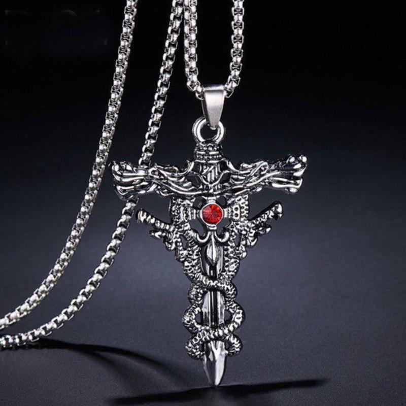 Punk Titanium Steel Necklace For Men Alloy Double Dragon Sword Pendant Choker Vintage Evil Eye Cross Jewelry Gift