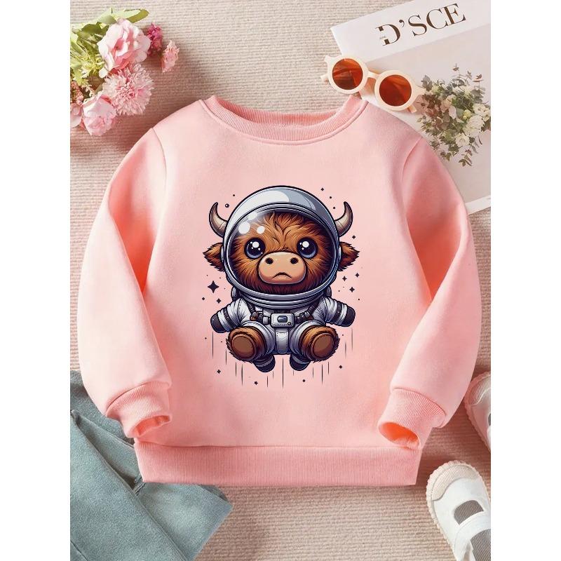 Kids Crewneck Sweatshirt, Cartoon Space Cow Graphic Print,Soft Casual Long Sleeve Pullover
