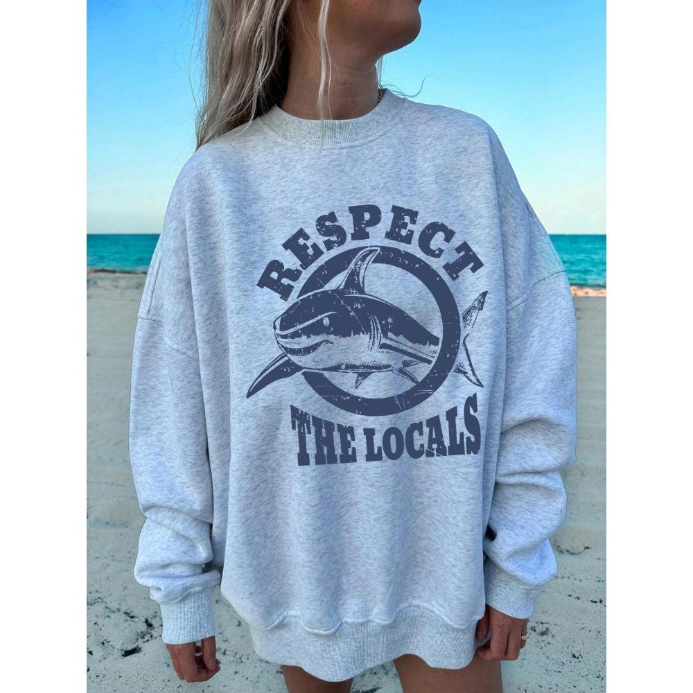 2025 Protect the Locals Shark Print Sweatshirt Women's Autumn and Winter Warm Hoodie Round Neck Top Basic Sportswear