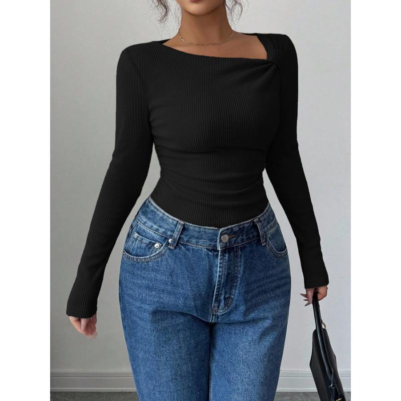 Women S Asymmetrical Neck Long Sleeve Knit Top Slim Fit Autumn Blouse