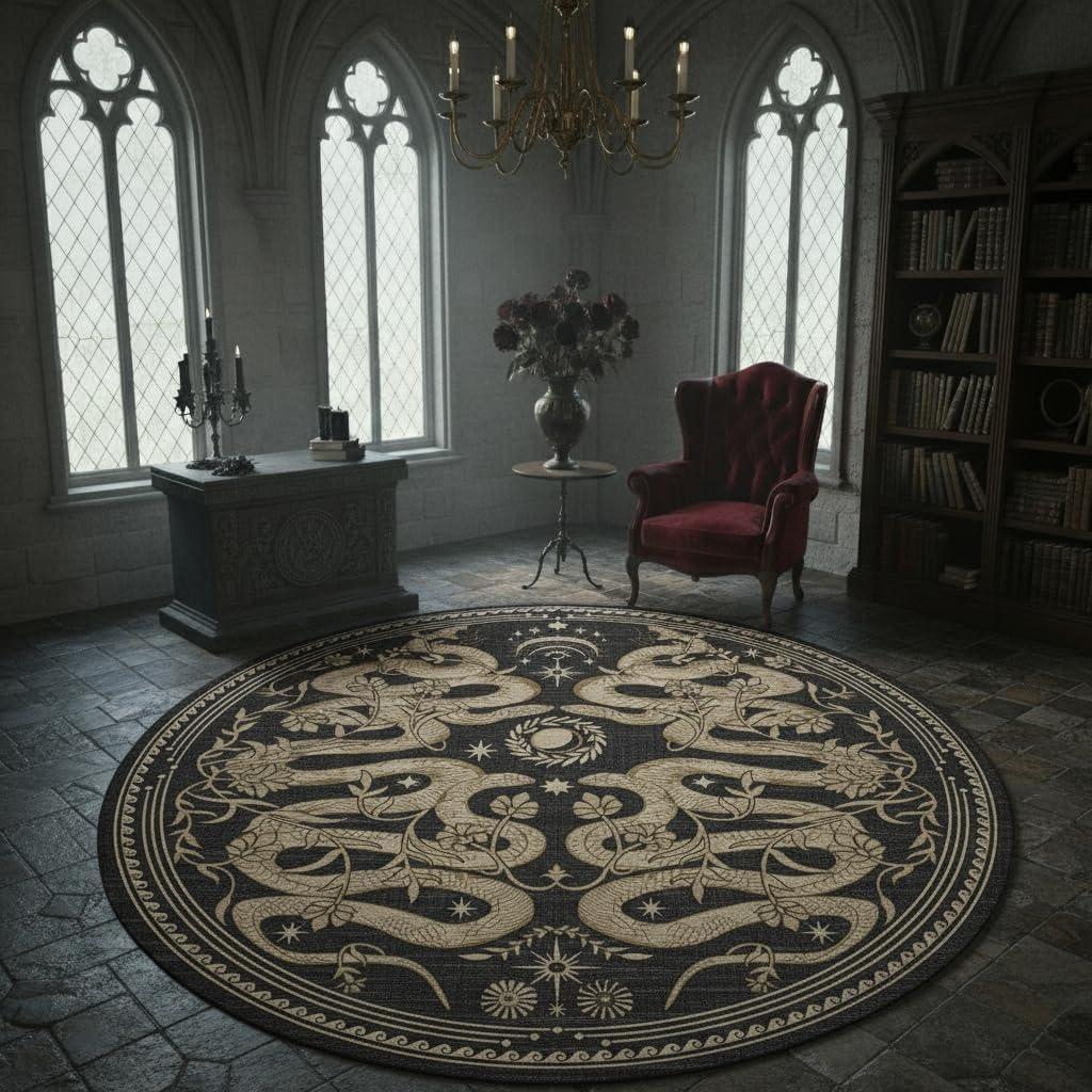 Alfombra Redonda Para Sala De Estar Alfombra Vintage De Plantas Y Serpientes Alfombras De Decoración Para El Hogar Felpudo Antideslizante Lavable A Máquina Alfombra De Suelo