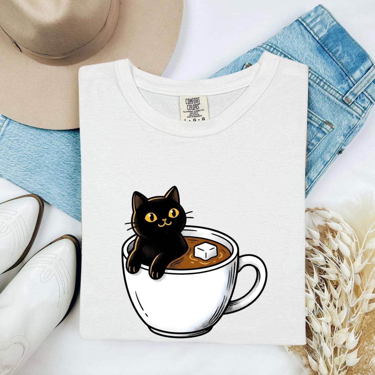 Black Cat Mug Shirt Coffee Feline Gift Women Kawaii Tee Mug T-Shirt Coffee Fan Cat Graphic Tshirt Vintage Ice Cube Tshirt L