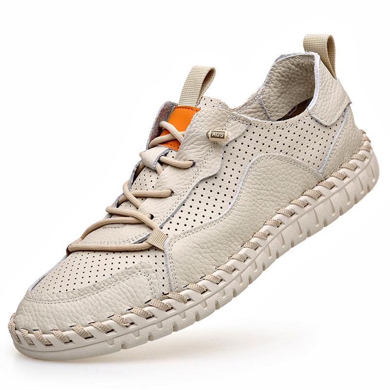 2025 new hollow first layer cowhide men's small leather shoes breathable soft-soled Doudou shoes glue-free hand-sewn shoes