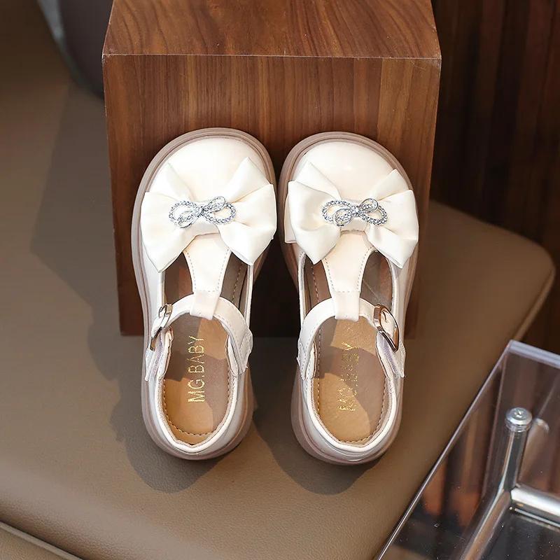 2024 Children Leather Shoes for Girls Autumn New Fashionable Korean Style Sweet Bowtie Soft Bottom Anti-slippery Versatile Shoes