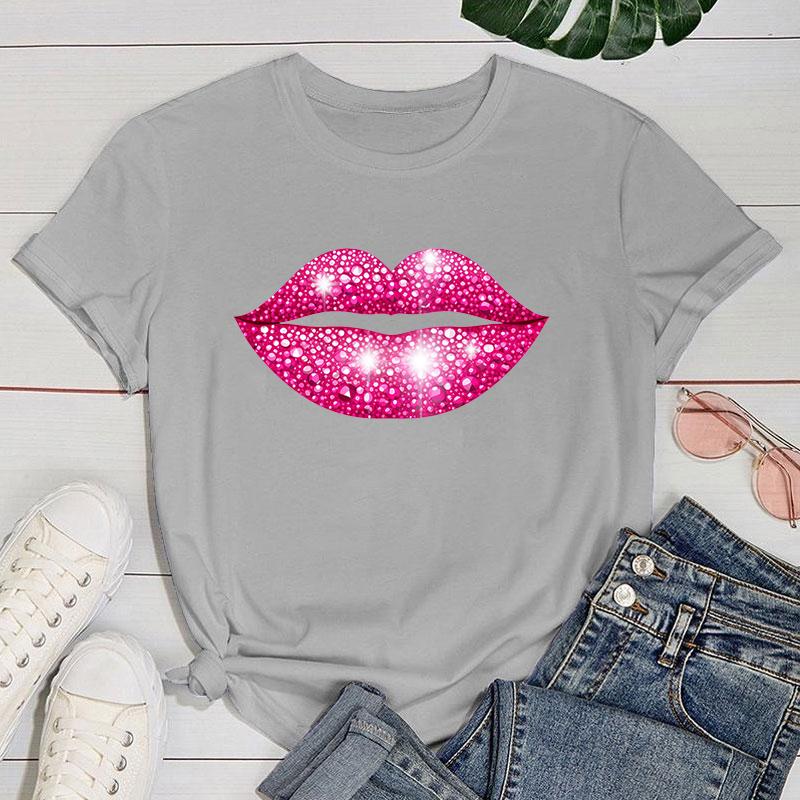 (Premium T-shirt)Hot Pink Lips Funny Summer Women T-Shirt Harajuku Print Fashion Short Sleeve Summer Casual T-Shirt Top
