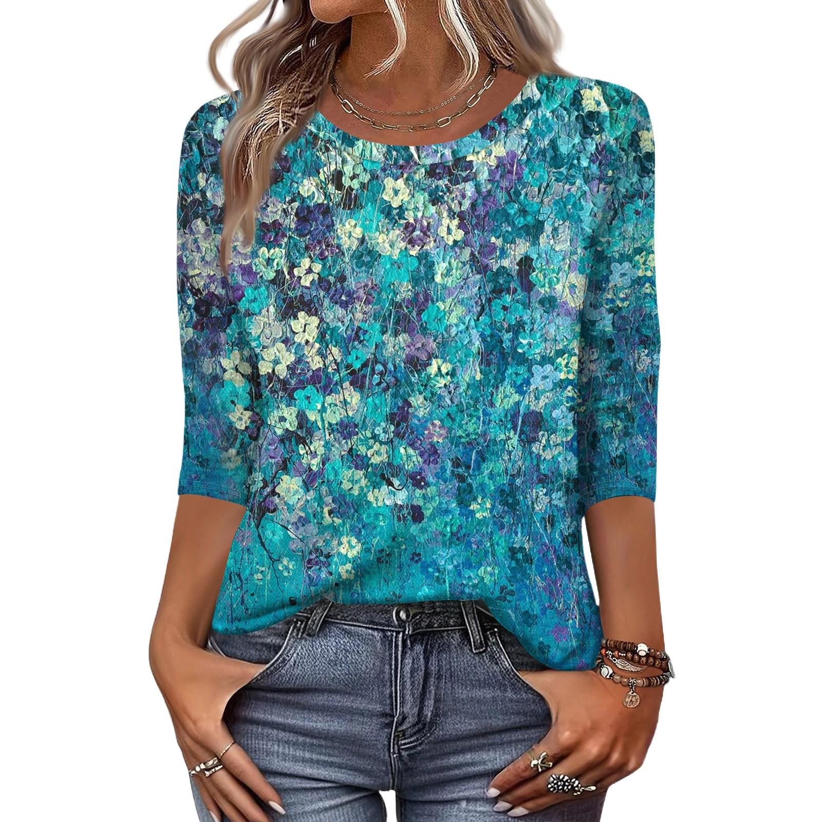 

Женская модная повседневная свободная футболка с круглым вырезом и рукавами 3/4 с принтом, женский топ XL синий