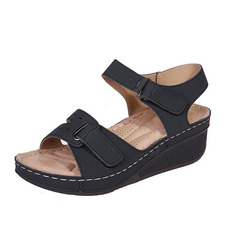 

Summer sandals comfortable and breathable one-word buckle one-word buckle PU medium heel foreign trade large size women s shoes 44