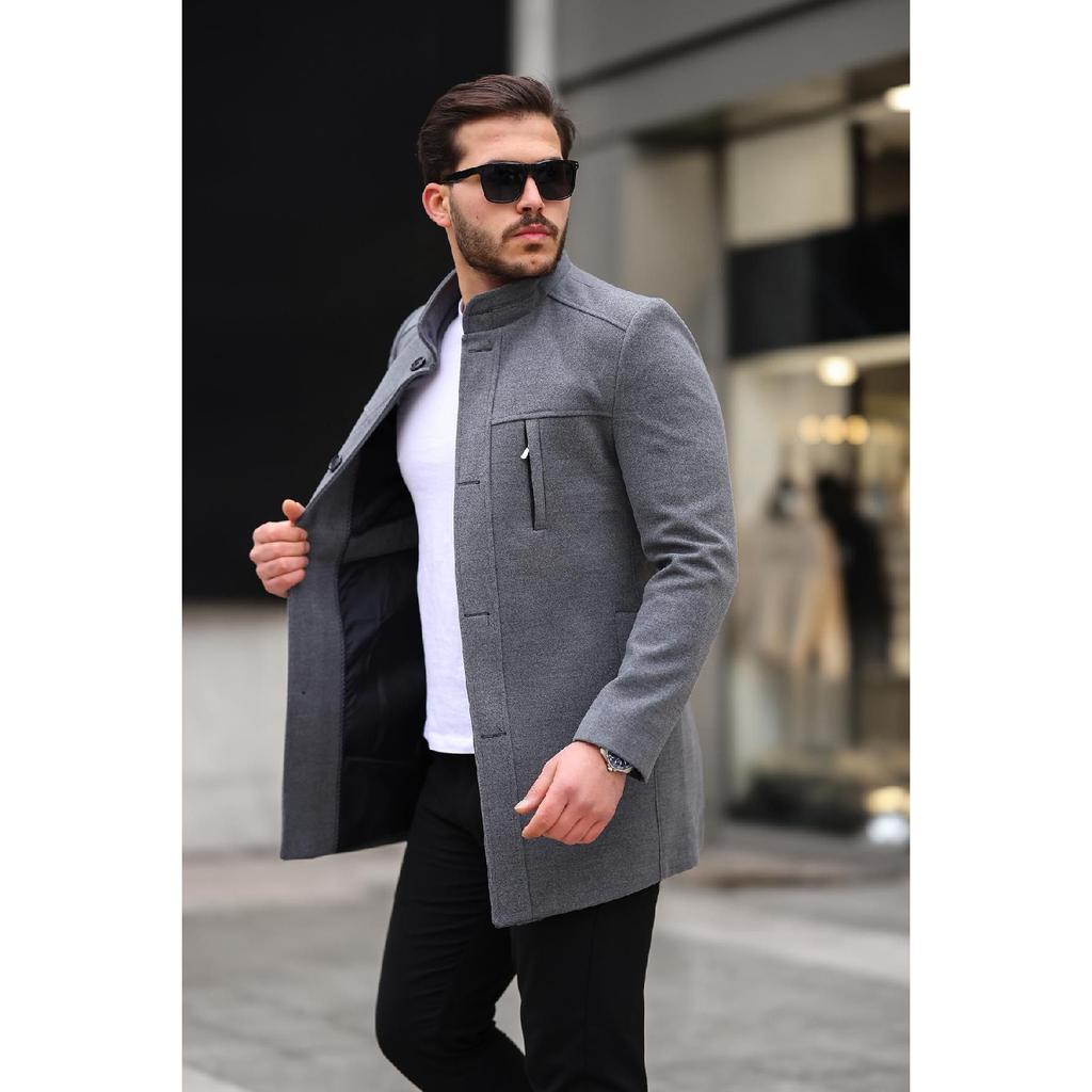 Men's Casual Cut Windproof Buttoned Long Black Cuff Coat