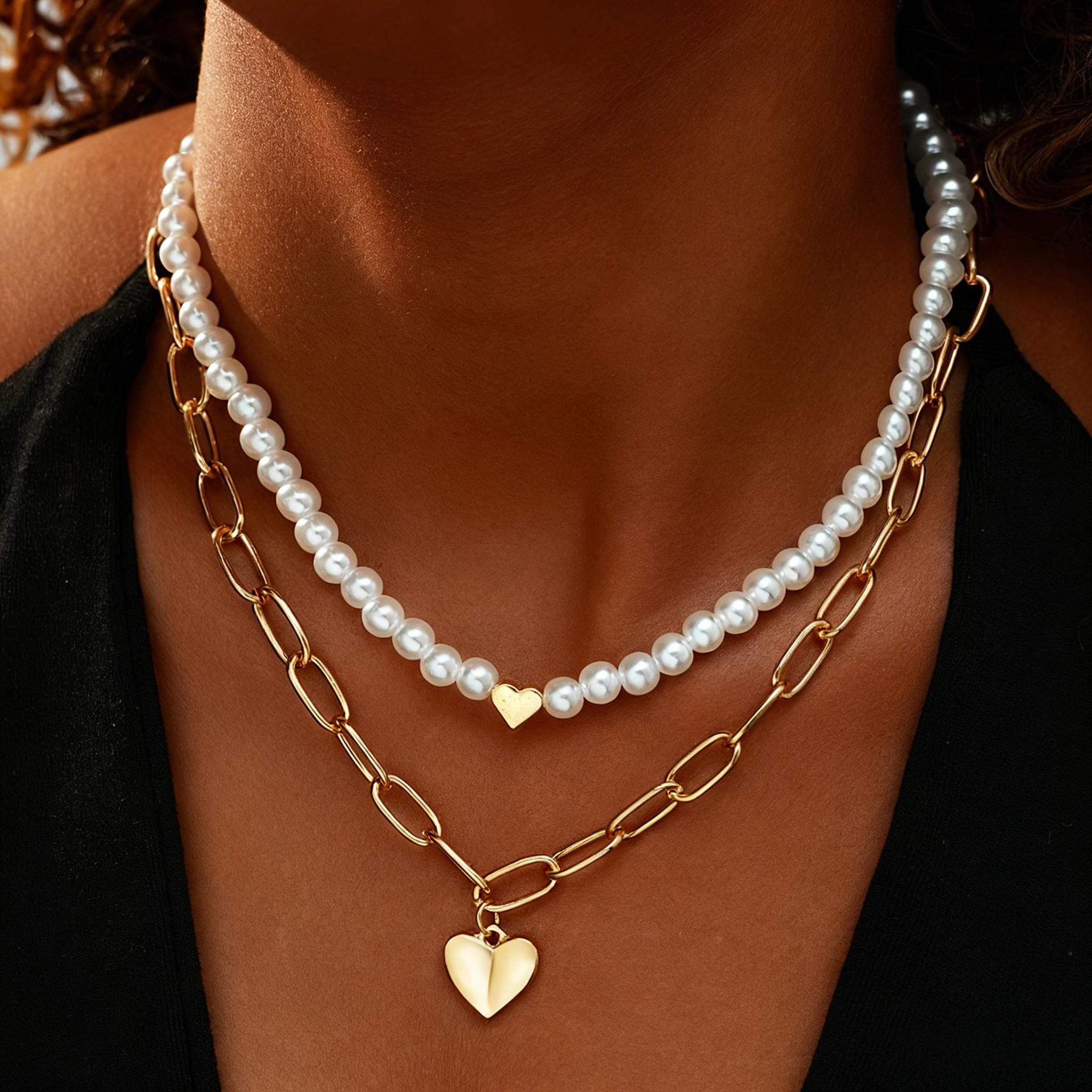 

2 Pcs/Set Punk Gold Color Heart Pendant Necklace for Women Fashion Beaded Chain Choker Necklace Y2K Jewelry Gifts