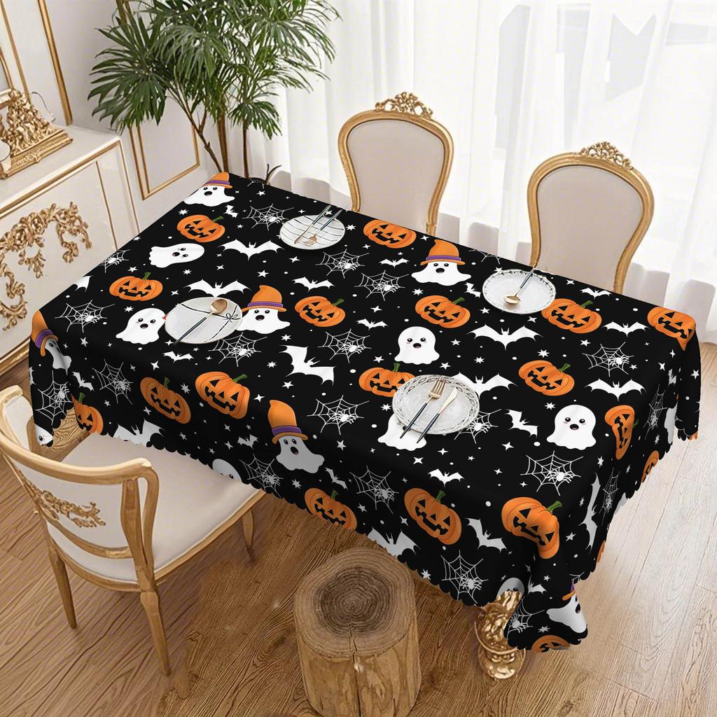 1 Halloween Pumpkin Pattern Tablecloth, Black Background With Ghosts, Optional Round And Long Tablecloth