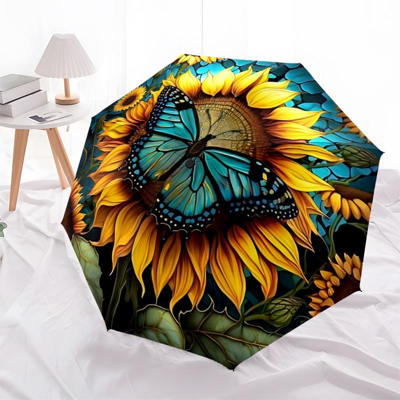 1pc Butterfly Sunflower Automatic Folding Umbrella, Lightweight Retractable Compact Travel Umbrella, 8-Rib Sturdy Frame148