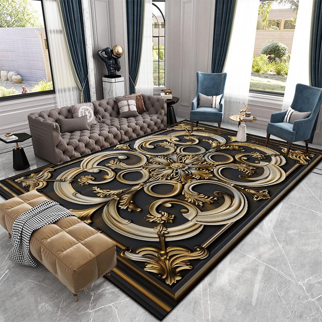 Luxusní velké koberce v evropském stylu pro obývací pokoj Zlatá dekorace Domácí salonek Pohovka Podložka na podlahu Protiskluzové Pratelné koberce do ložnice
