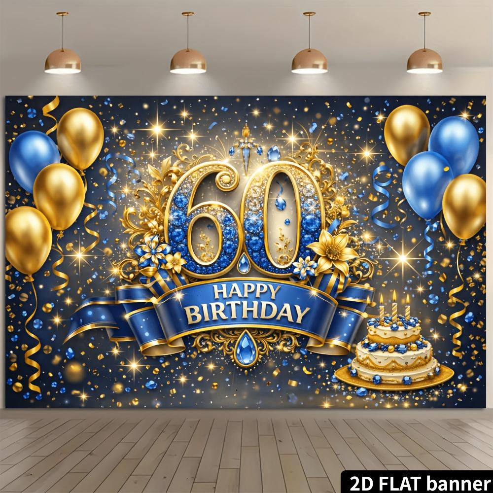 Telón de Fondo de Pancarta para Fiesta de 60 Cumpleaños 2D Tema Azul Dorado Con Globos Pastel Fuegos Artificiales Decoración Duradero No Requiere Alimentación Para Interior_ Múltiple