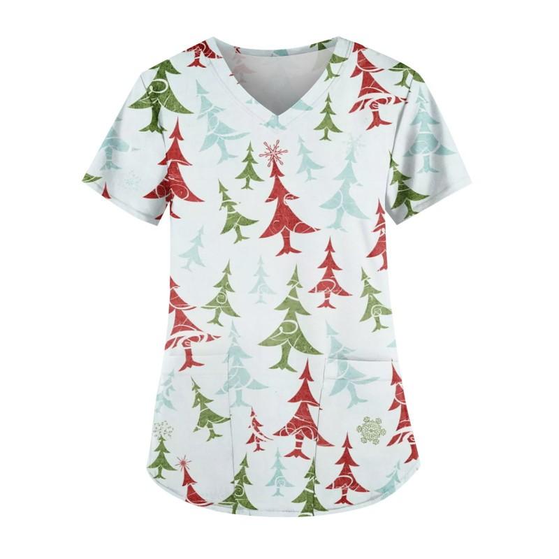 V-Neck Short Sleeve Nursing Scrub Top Women Fashionable Casual Workwear With 3D Print Design Slim Fit 2025 Collection