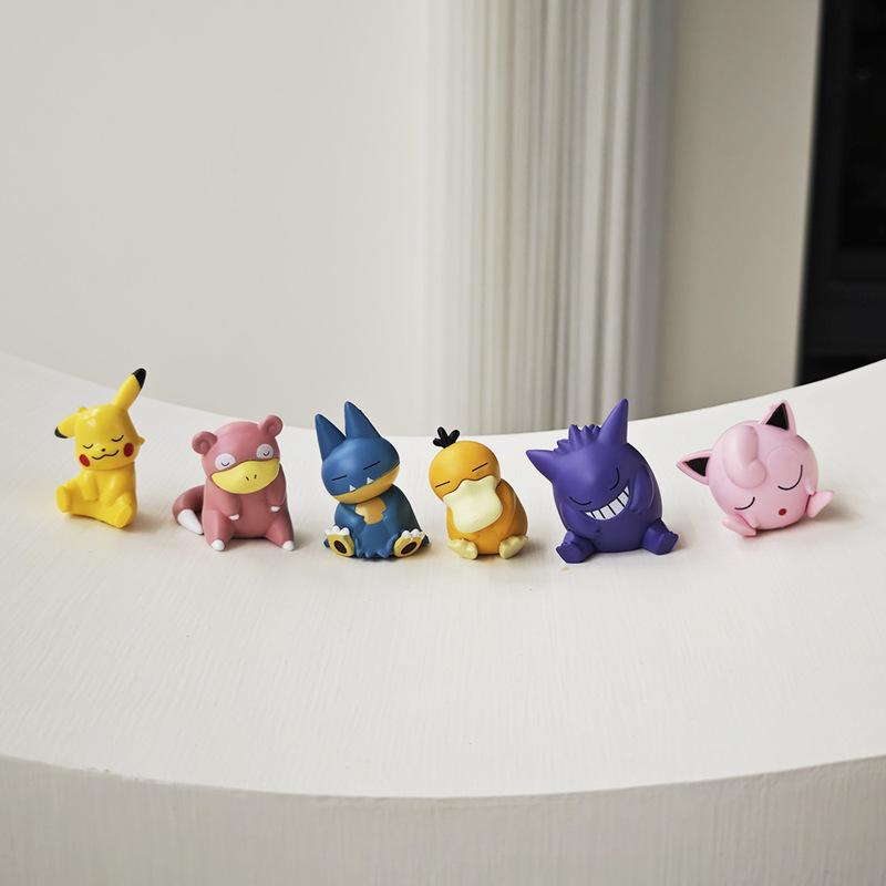 6Pcs Pokemon Tilting Head Gengar Snorlax Pikachu Jigglypuff Rowlet Figure Set Desktop Decoration Doll Boy Toys Collectible Gift