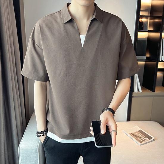 Men Shirt V Neck Lapel Color Fake Silk Two-piece Ice Solid Short Sleeves Loose Pullover Stretchy Casual Daily