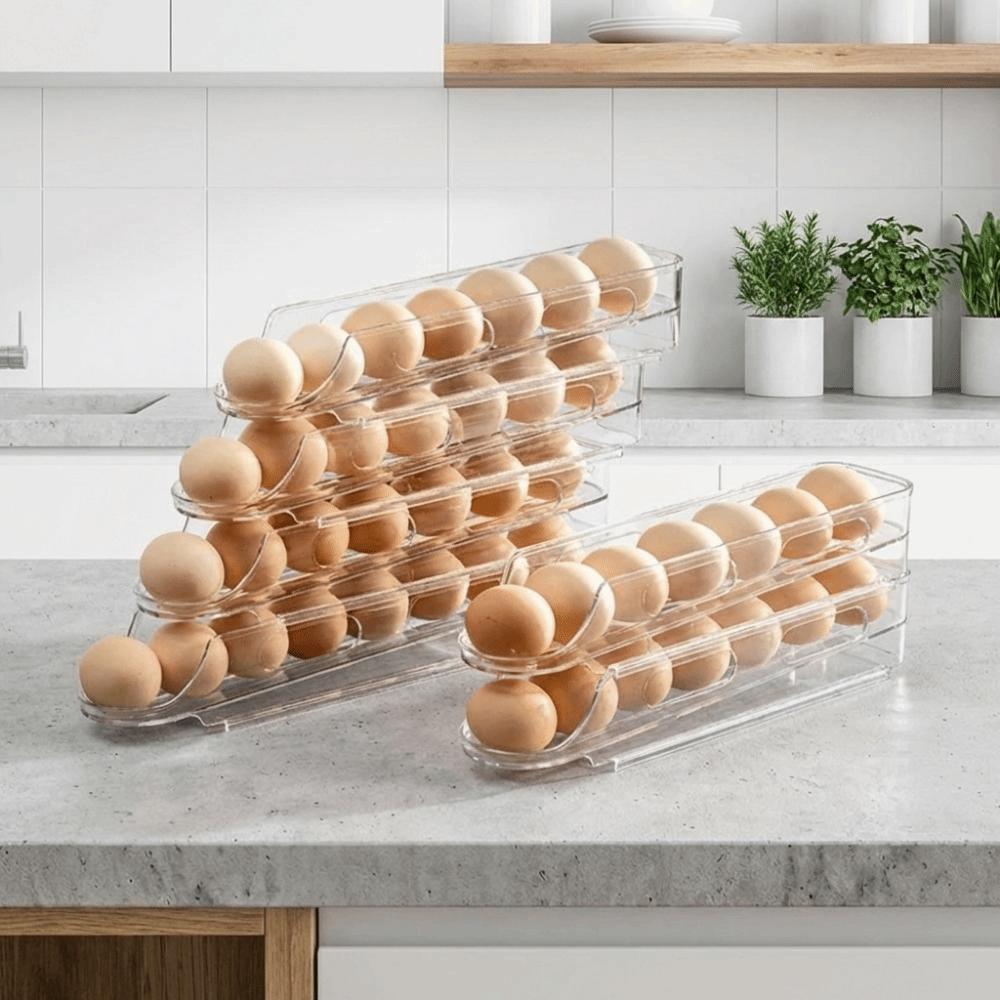 2PCS Clear Roll Off Egg Storage Rack Plastic Egg Storage Box Egg Storage Trays  for Kitchen