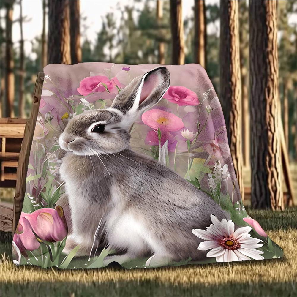 1pc Rabbit Flowers Outdoor Blanket - Soft Flannel Cozy for Travel & Camping - All-Season Warm Bed Cover, Machine Washable yy251229079