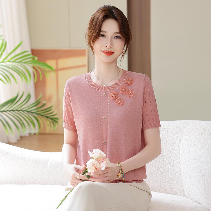 

Mom s 2026 Ice Silk Short Sleeve Top - Stylish, Loose Fit T-shirt for Middle-Aged & Elderly Women, Small Size 4XL (135-150 jin) рожевий/помаранчевий