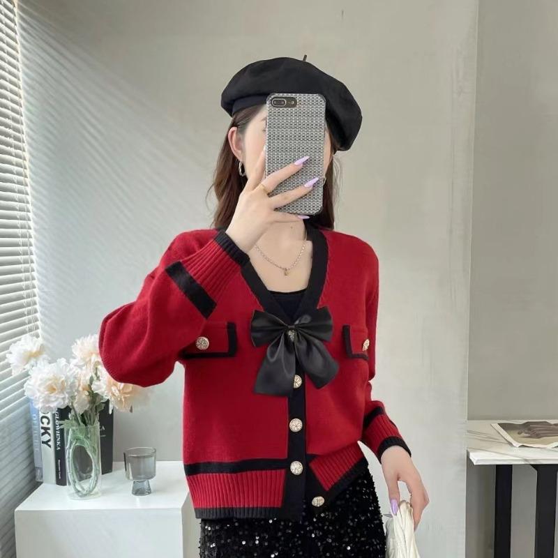 

Французский аромат бант однобортный контрастный цвет вязаный свитер кардиган куртка женская осень и зима новый стиль one size красный