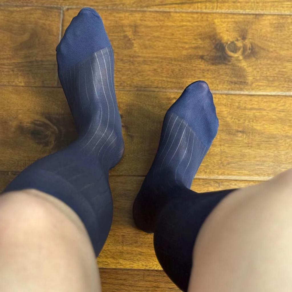 Zhou Men's Silk Nylon Stockings - Striped, Mid-Length, Business Formal Wear