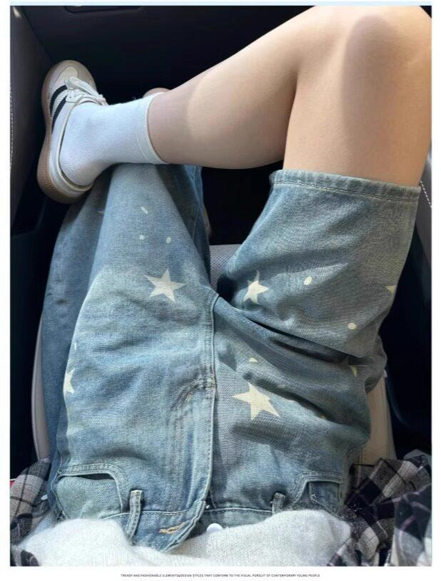 Women's American Retro Star Print High-Waist Denim Shorts - Loose A-line Wide-Leg Mid-Length for Summer.