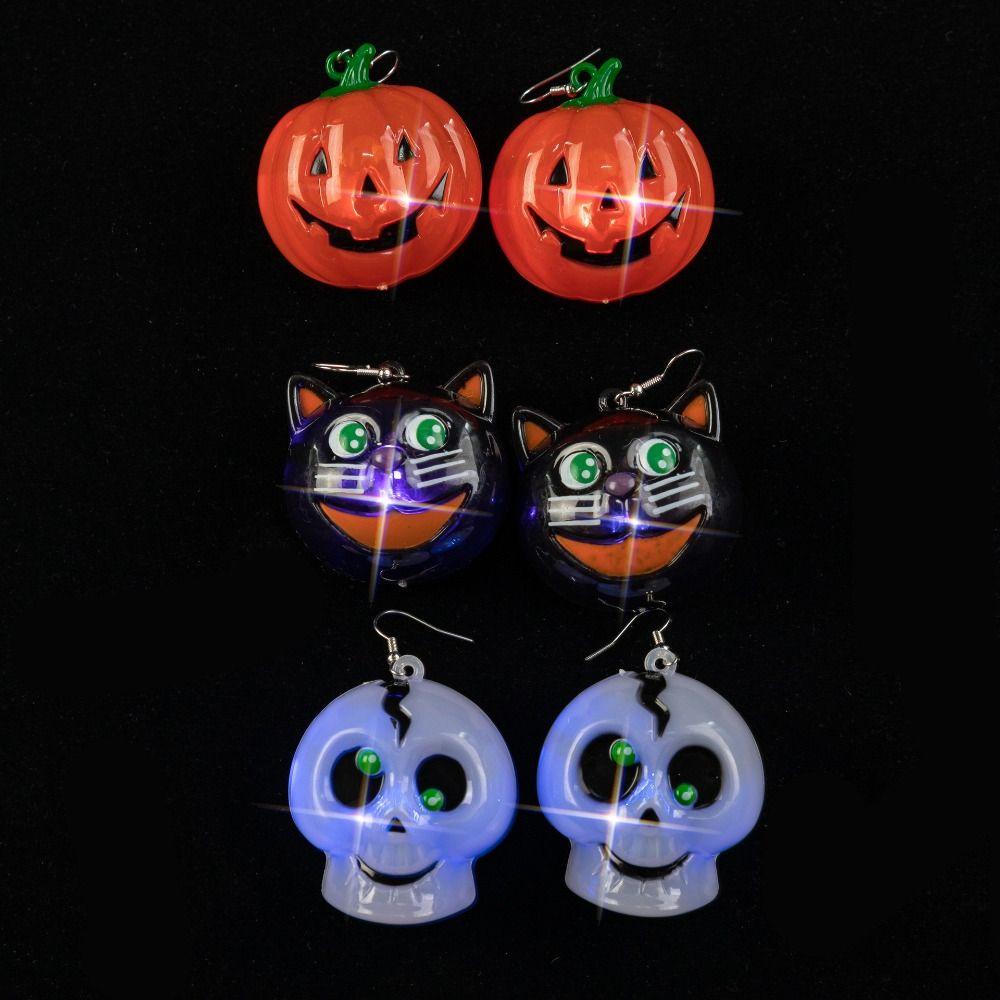 Black Cat Pumpkin Dangle Ear Clips Spider LED Skull Earrings Glowing Dangle Earrings Accessories