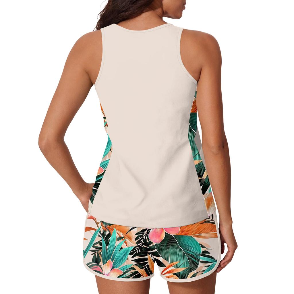Womens Two Piece Tankini Swimsuit Set Racerback Tank Top with High Waisted Board Shorts Modest Bathing Suit